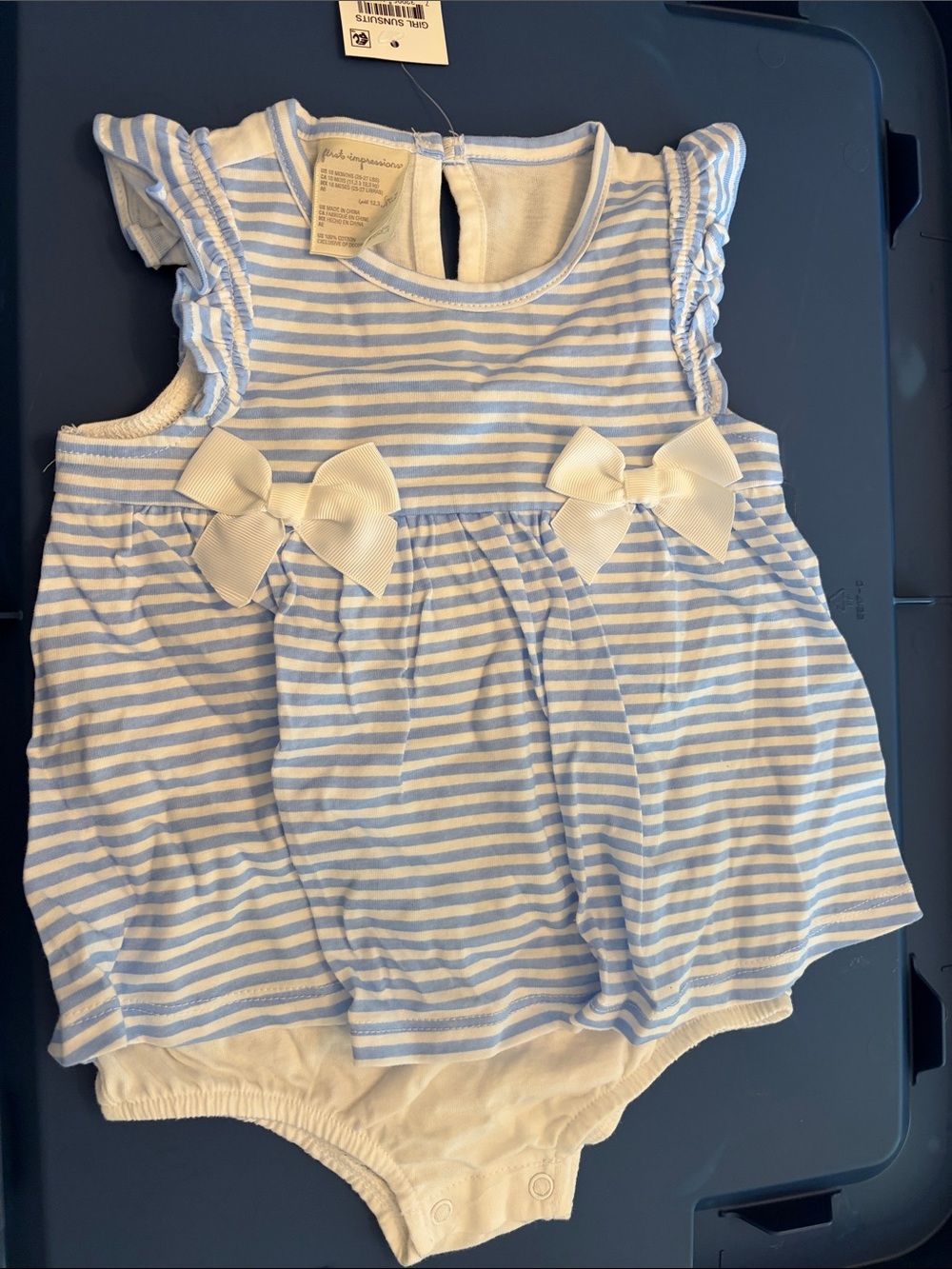 First impressions Baby Girls Blue & White Striped Bow One-Piece Bodysuit new wit